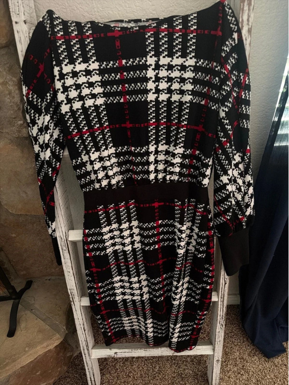 Black white and red tweed style dress